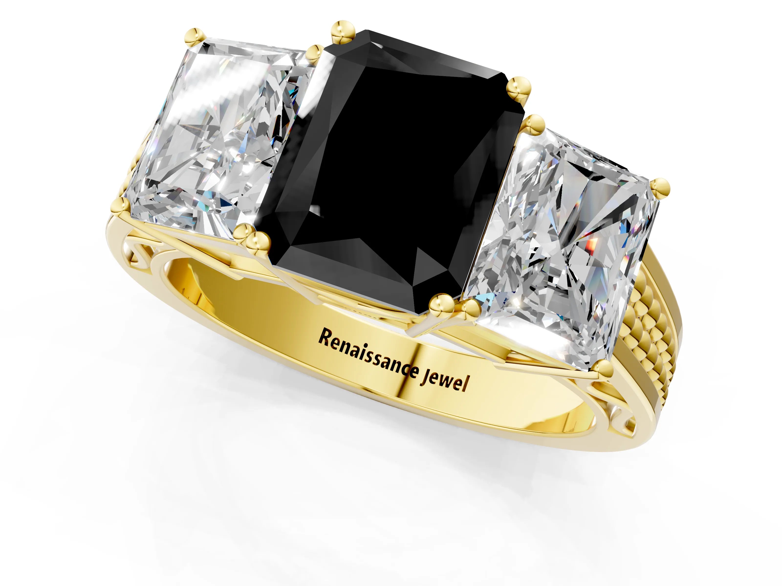 Yellow gold Fancy Black Radiant Cut Diamond Three-Stone Ring with Prong Setting and Textured Band_1