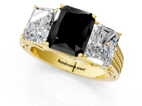 Yellow gold Fancy Black Radiant Cut Diamond Three-Stone Ring with Prong Setting and Textured Band_1