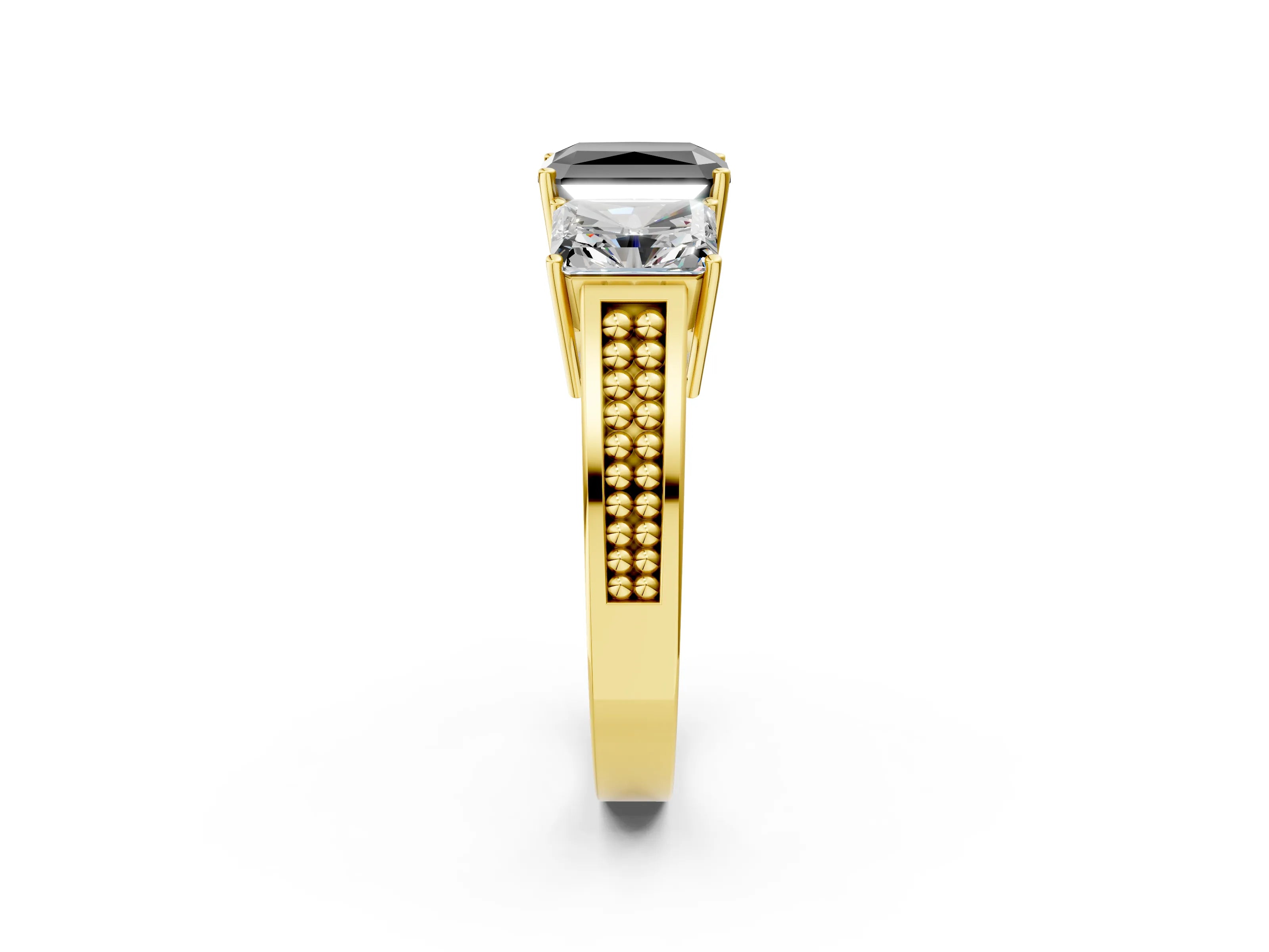 Yellow gold Fancy Black Radiant Cut Diamond Three-Stone Ring with Prong Setting and Textured Band_2