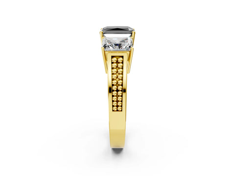 Yellow gold Fancy Black Radiant Cut Diamond Three-Stone Ring with Prong Setting and Textured Band_2