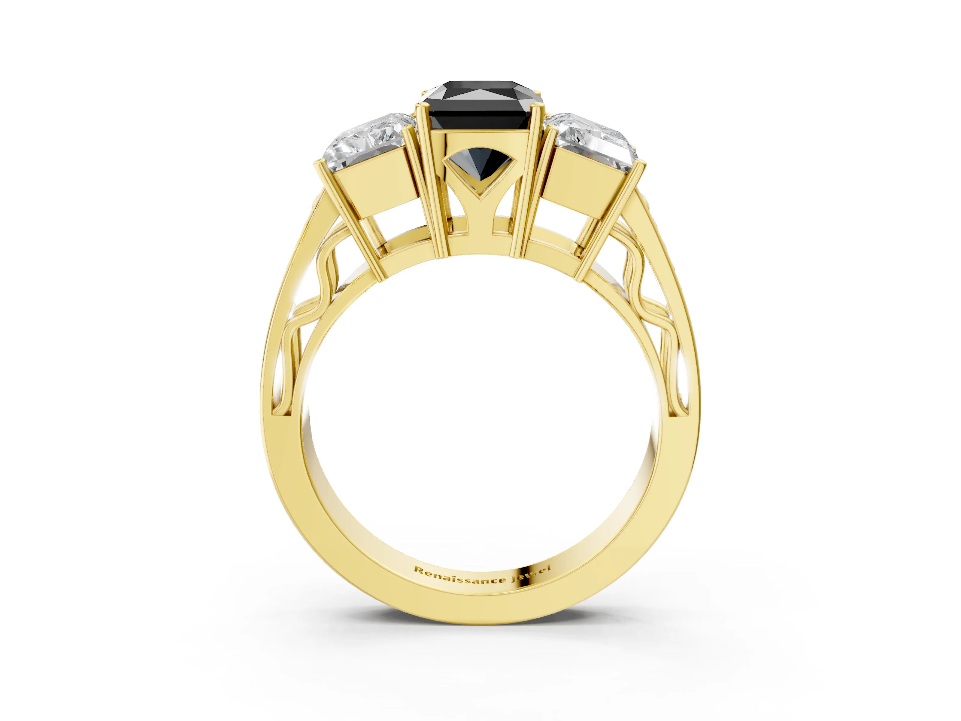 Yellow gold Fancy Black Radiant Cut Diamond Three-Stone Ring with Prong Setting and Textured Band_3