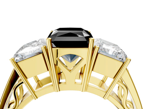 Yellow gold Fancy Black Radiant Cut Diamond Three-Stone Ring with Prong Setting and Textured Band_4