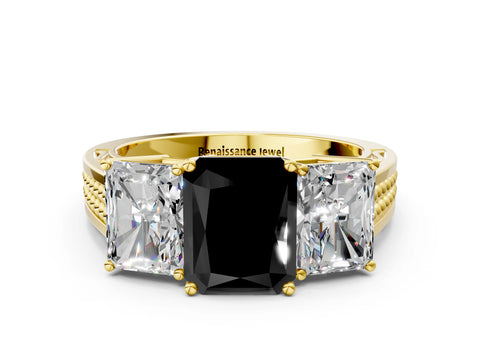 Yellow gold Fancy Black Radiant Cut Diamond Three-Stone Ring with Prong Setting and Textured Band_7