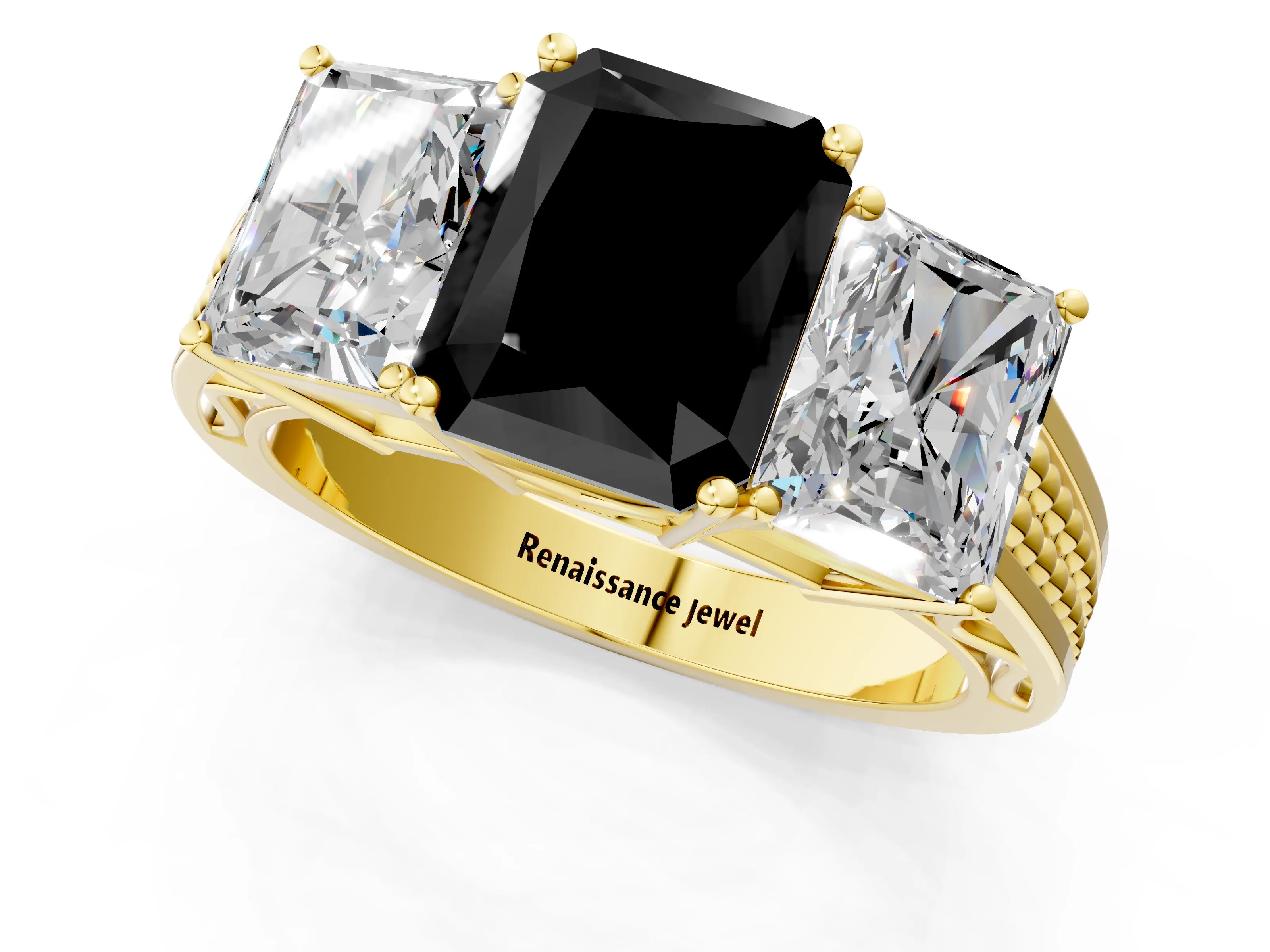 Yellow gold Fancy Black Radiant Cut Diamond Three-Stone Ring with Prong Setting and Textured Band_8