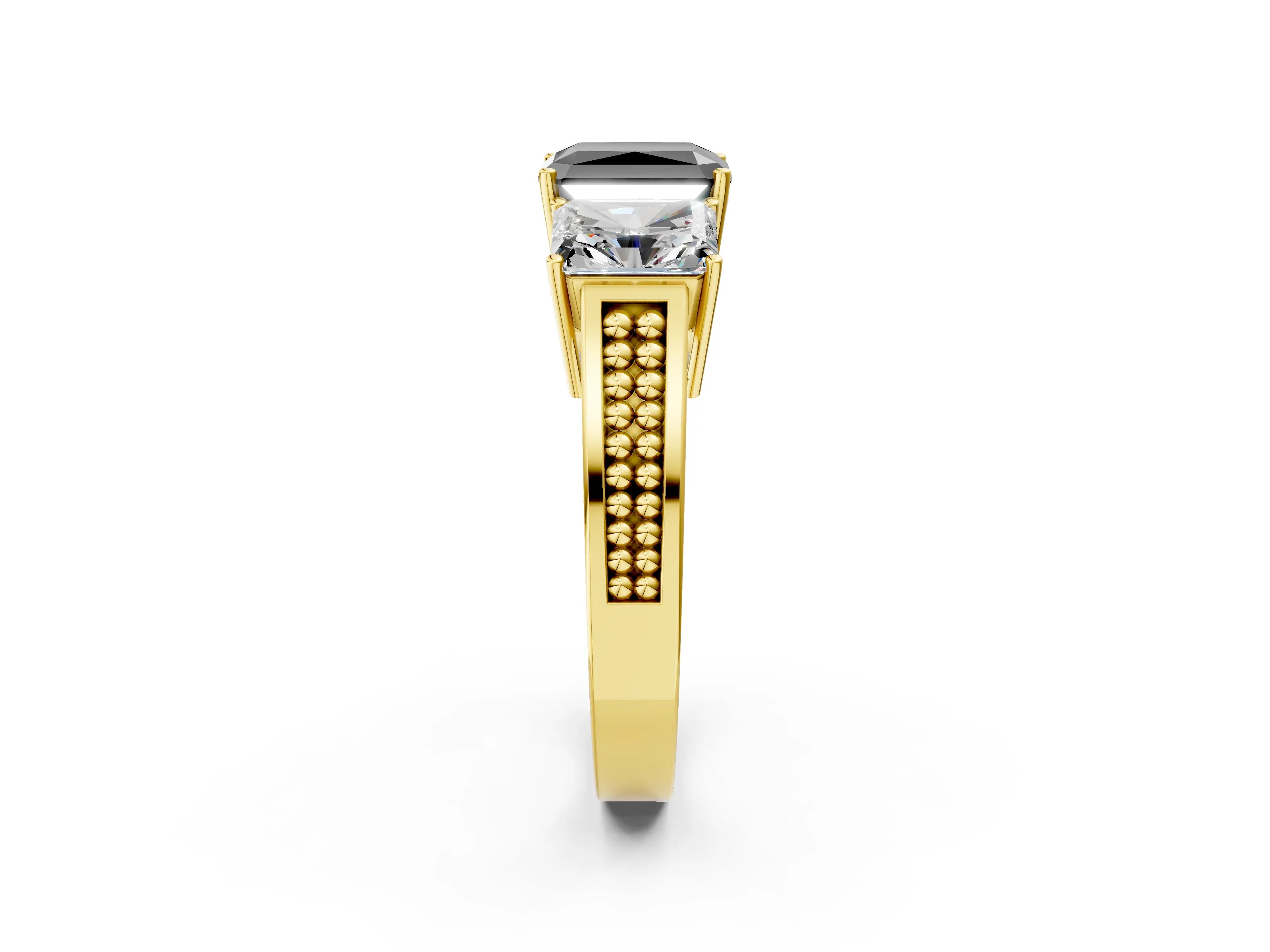 Yellow gold Fancy Black Radiant Cut Diamond Three-Stone Ring with Prong Setting and Textured Band_9