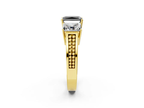 Yellow gold Fancy Black Radiant Cut Diamond Three-Stone Ring with Prong Setting and Textured Band_9