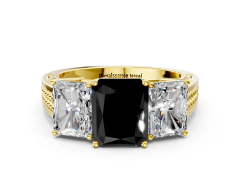 Yellow gold Fancy Black Radiant Cut Diamond Three-Stone Ring with Prong Setting and Textured Band