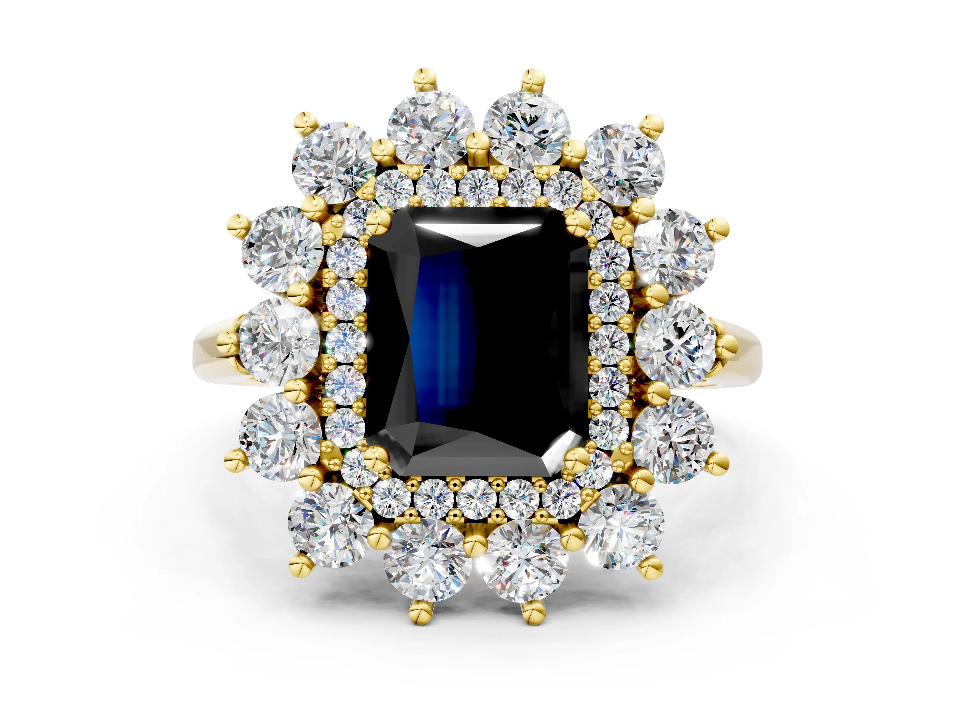 Yellow gold Fancy Black Radiant Cut Halo Cluster Diamond Ring with Pave Band and Four-Prong Setting