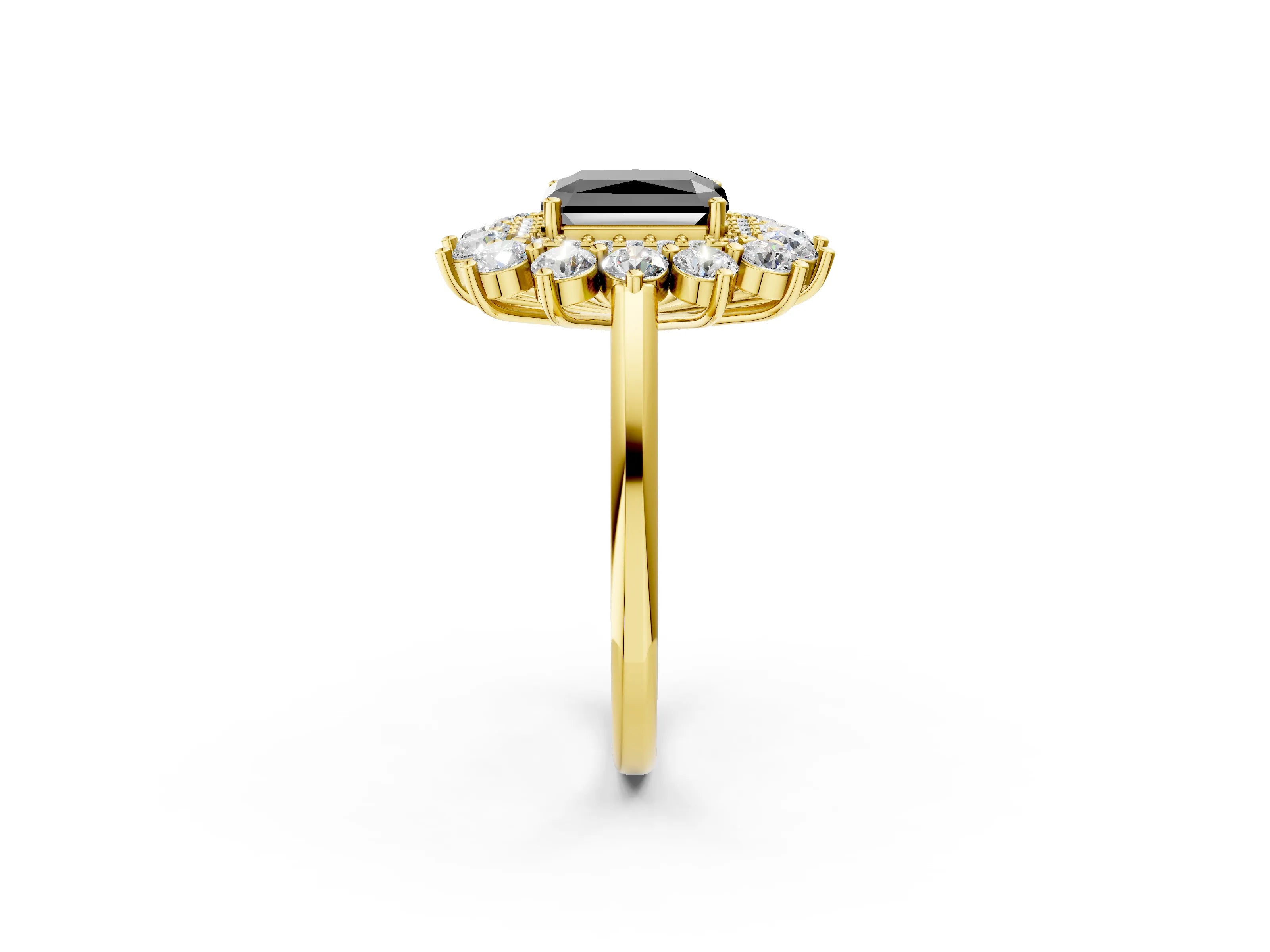Yellow gold Fancy Black Radiant Cut Halo Cluster Diamond Ring with Pave Band and Four-Prong Setting_14