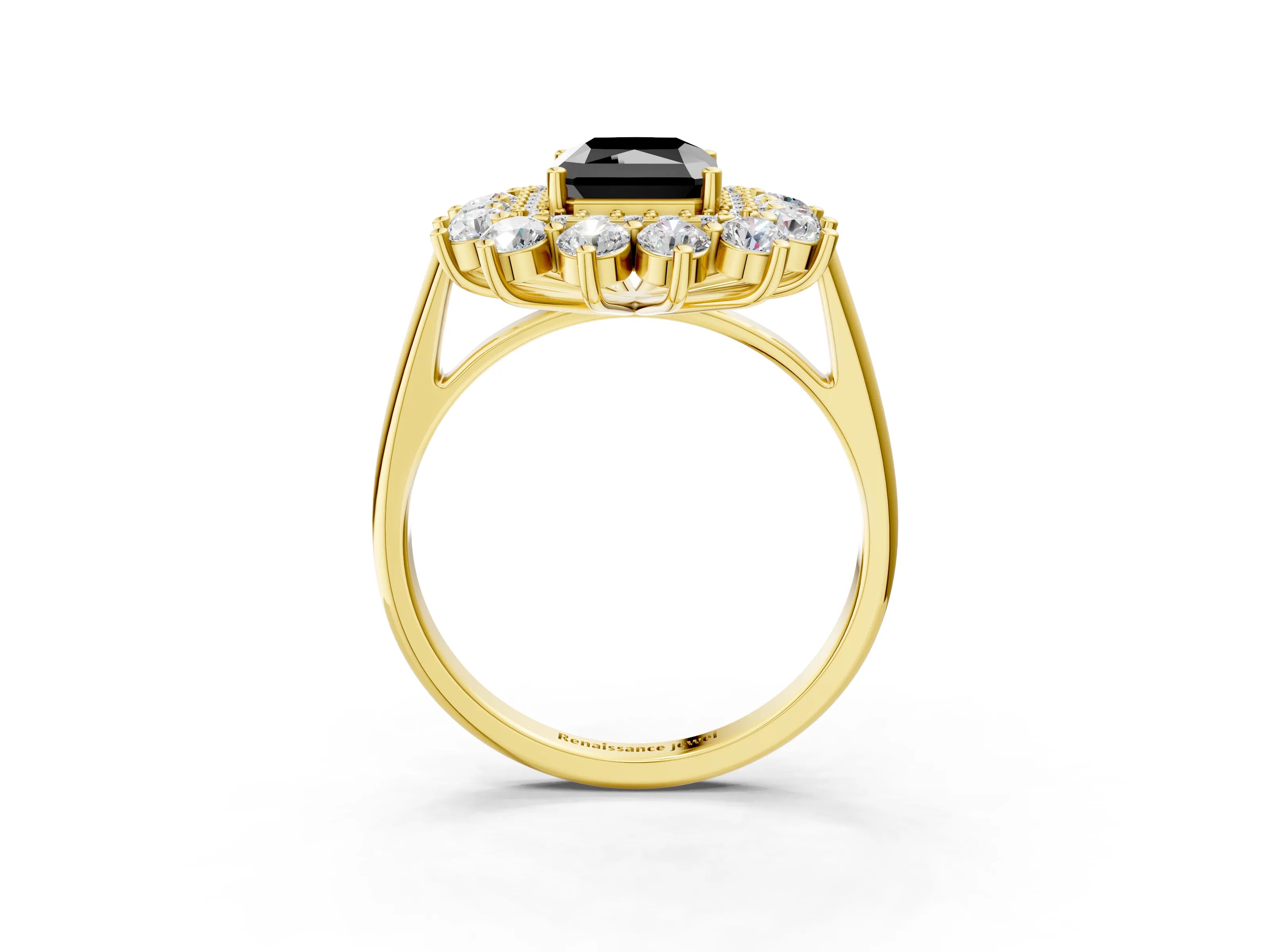 Yellow gold Fancy Black Radiant Cut Halo Cluster Diamond Ring with Pave Band and Four-Prong Setting_15