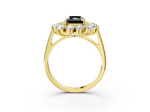 Yellow gold Fancy Black Radiant Cut Halo Cluster Diamond Ring with Pave Band and Four-Prong Setting_15