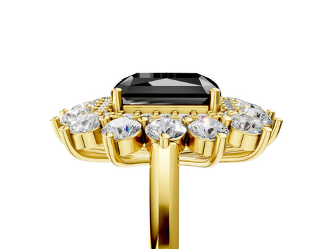Yellow gold Fancy Black Radiant Cut Halo Cluster Diamond Ring with Pave Band and Four-Prong Setting_17