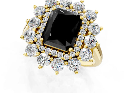 Yellow gold Fancy Black Radiant Cut Halo Cluster Diamond Ring with Pave Band and Four-Prong Setting_1