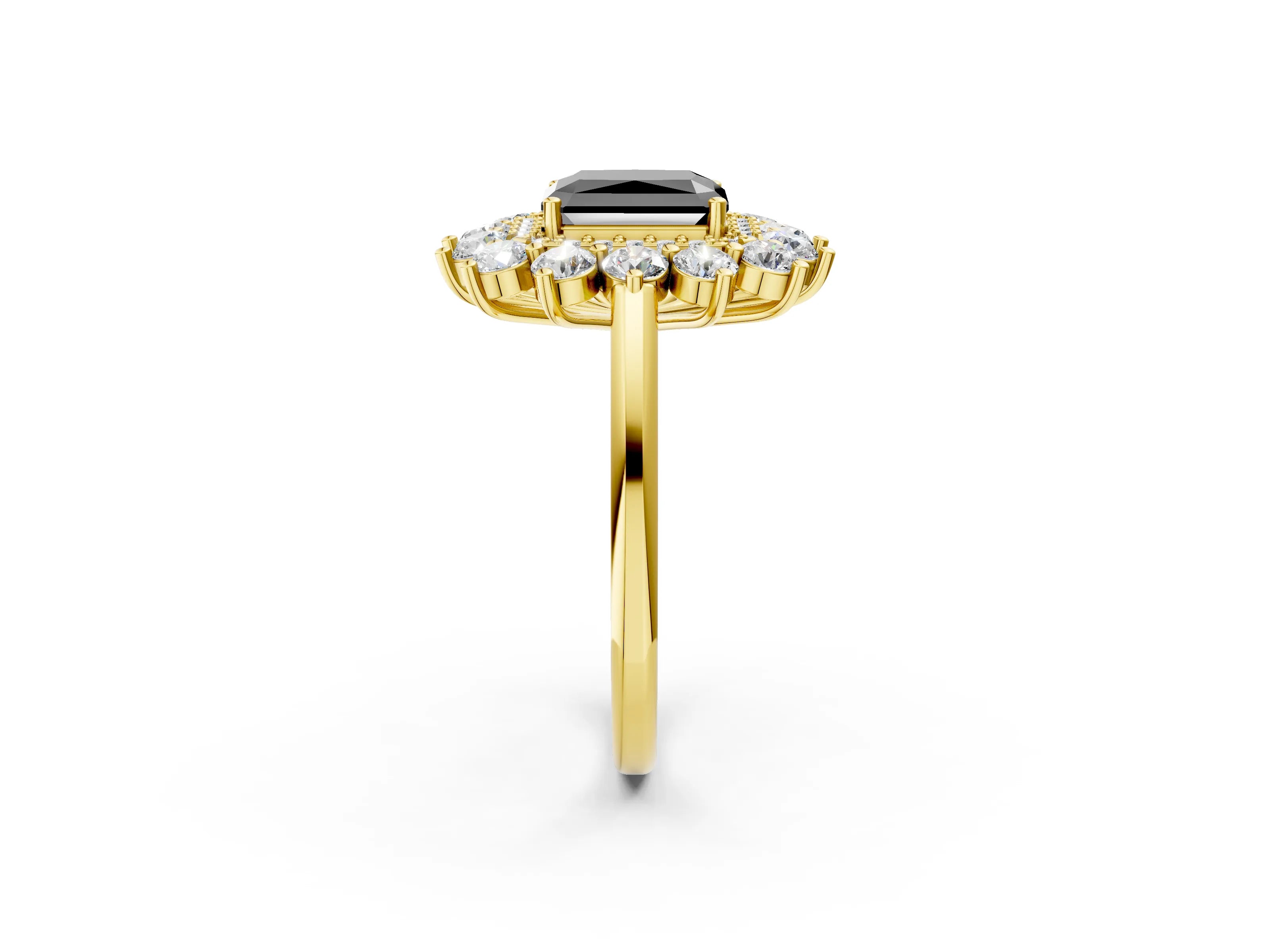 Yellow gold Fancy Black Radiant Cut Halo Cluster Diamond Ring with Pave Band and Four-Prong Setting_2