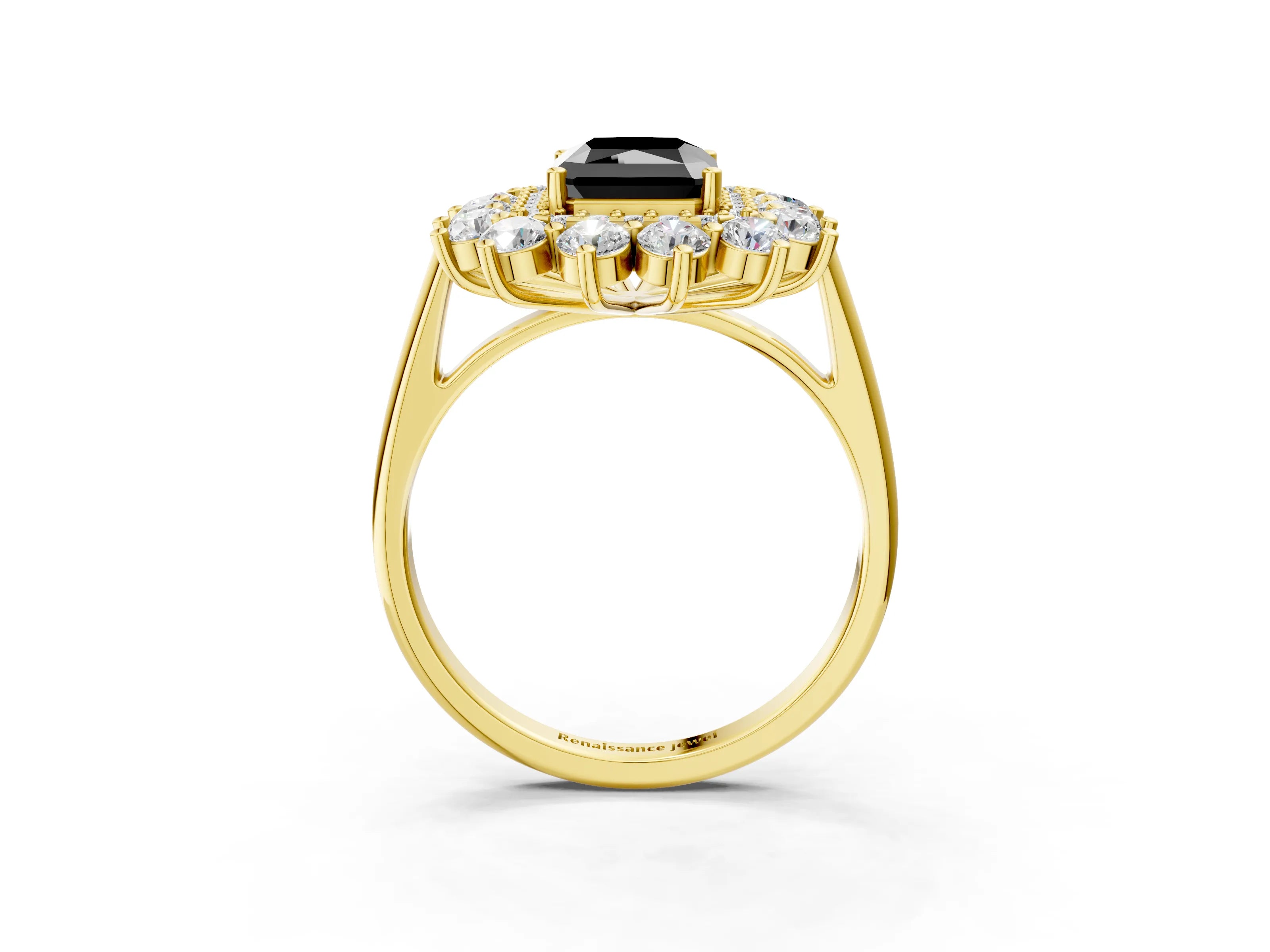 Yellow gold Fancy Black Radiant Cut Halo Cluster Diamond Ring with Pave Band and Four-Prong Setting_3