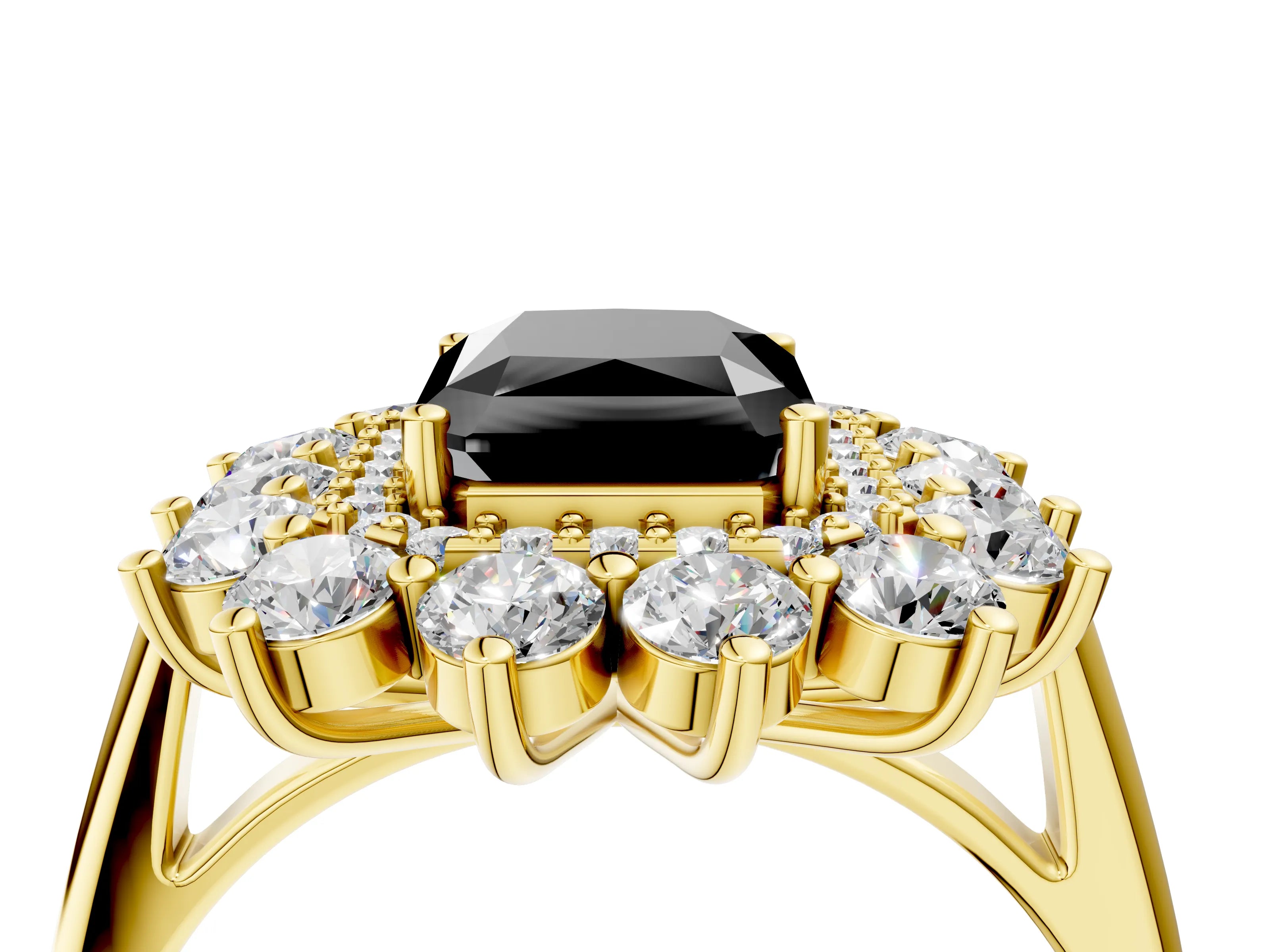 Yellow gold Fancy Black Radiant Cut Halo Cluster Diamond Ring with Pave Band and Four-Prong Setting_4