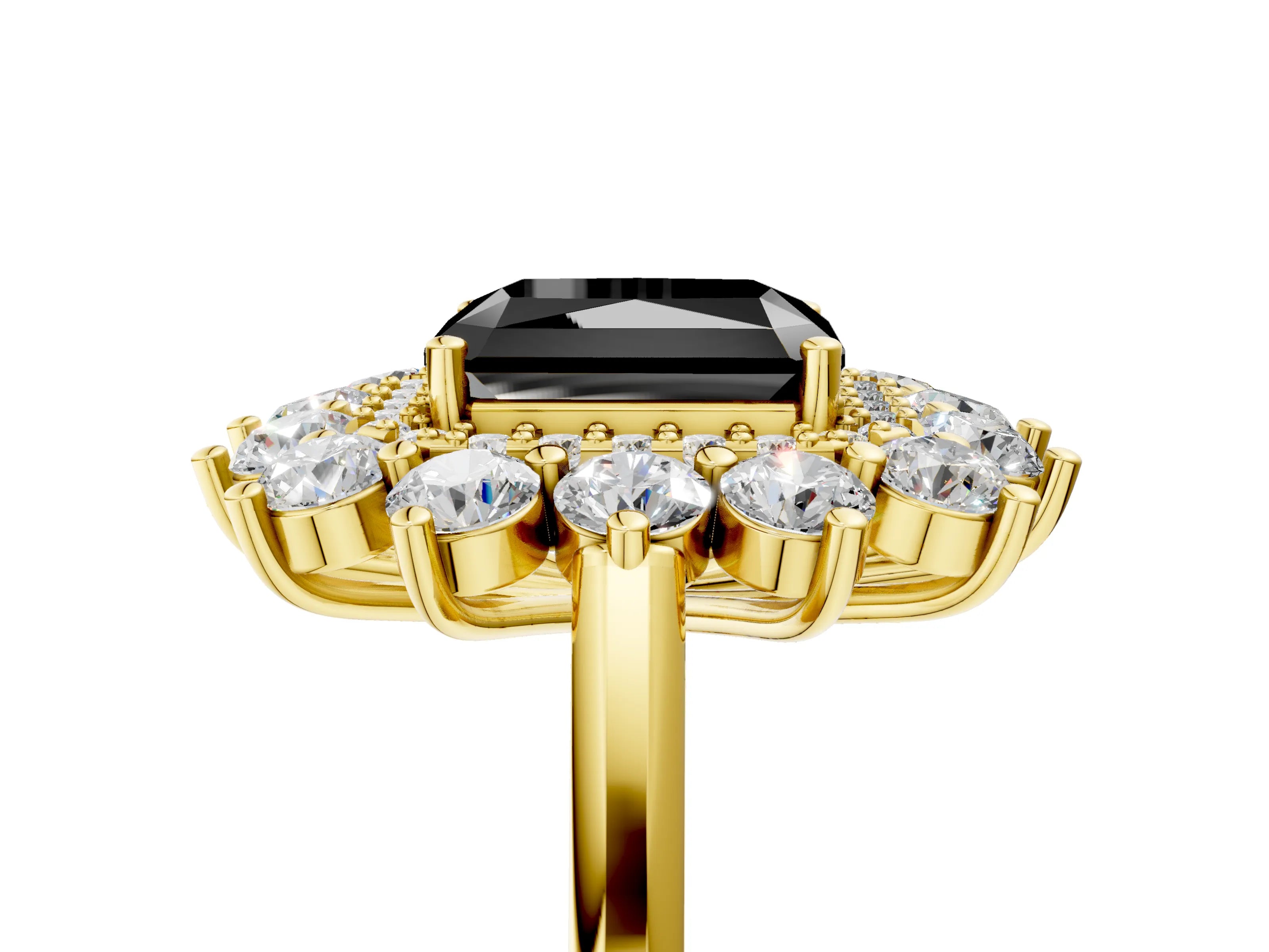 Yellow gold Fancy Black Radiant Cut Halo Cluster Diamond Ring with Pave Band and Four-Prong Setting_5