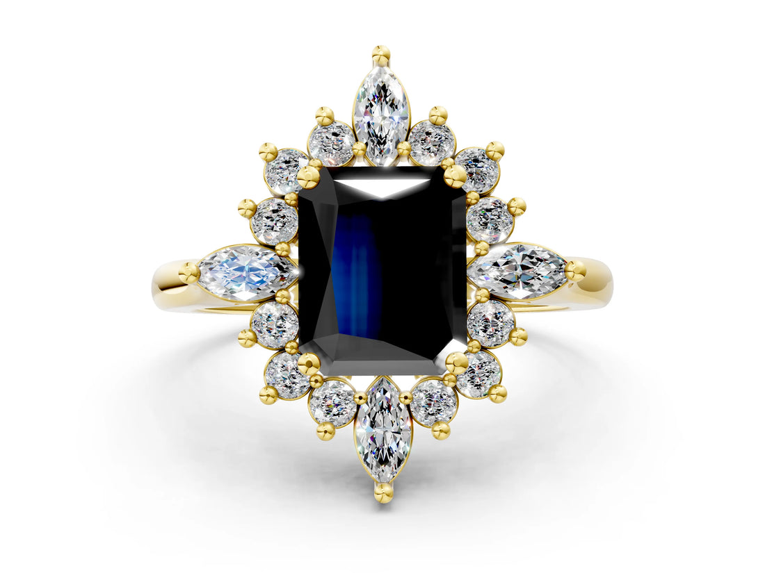 Yellow gold Fancy Black Radiant Cut Halo Diamond Cluster Ring with Marquise and Round Stones on a White Gold Band with Prong Setting
