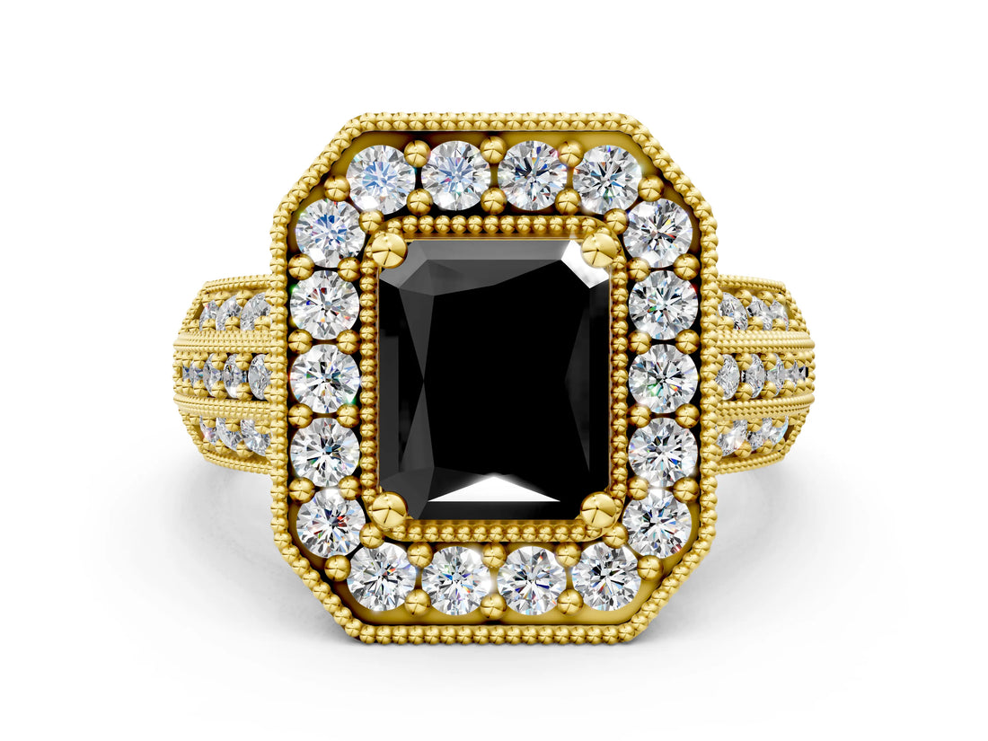 Yellow gold Fancy Black Radiant Cut Halo Diamond Engagement Ring with Pave Split Shank and Four-Prong Setting