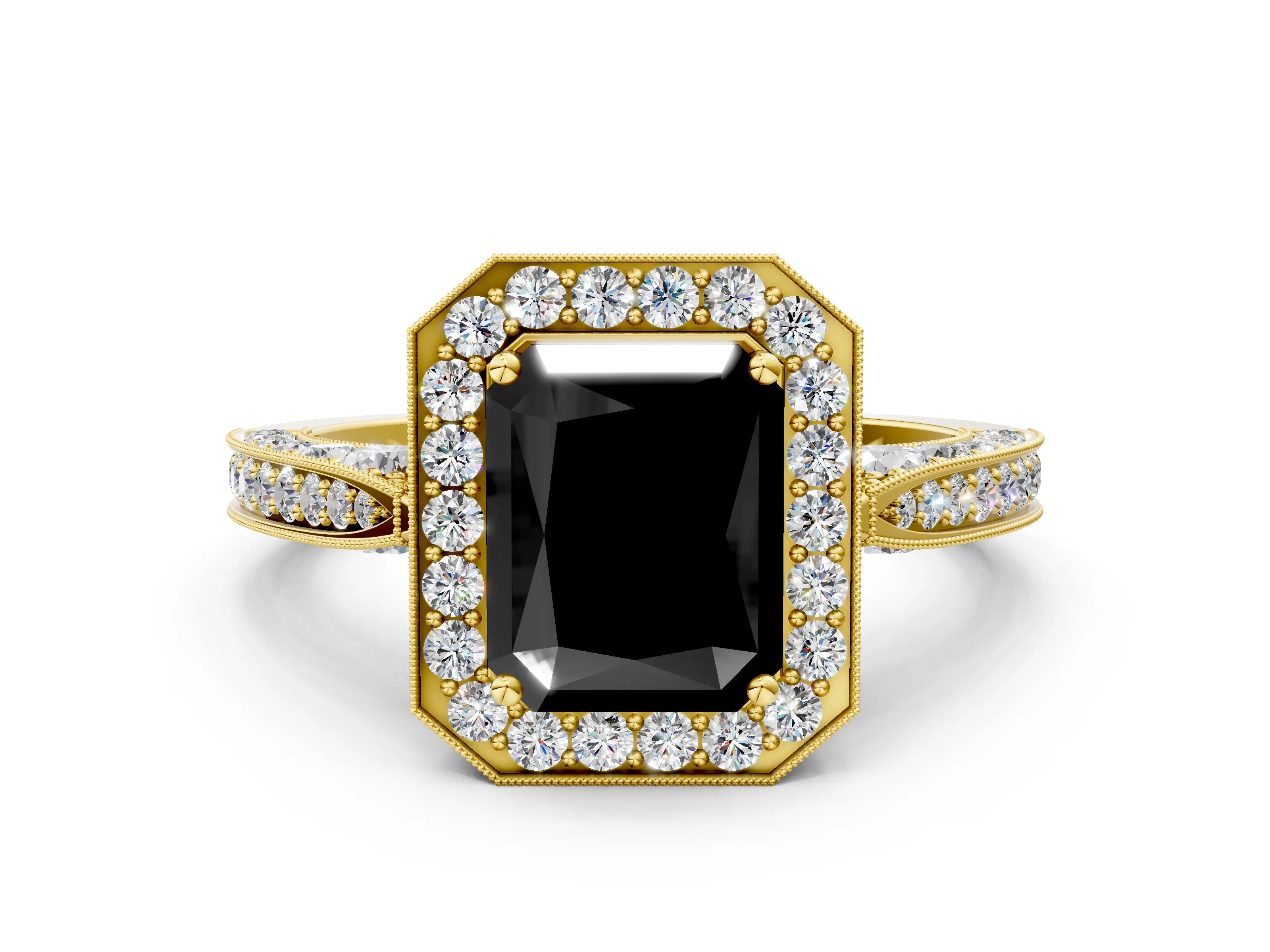 Yellow gold Fancy Black Radiant Cut Halo Diamond Engagement Ring with Split Shank Band and Four-Prong Setting