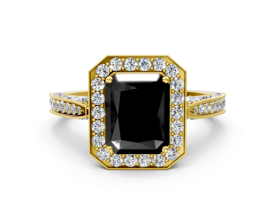 Yellow gold Fancy Black Radiant Cut Halo Diamond Engagement Ring with Split Shank Band and Four-Prong Setting
