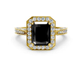 Yellow gold Fancy Black Radiant Cut Halo Diamond Engagement Ring with Split Shank Band and Four-Prong Setting