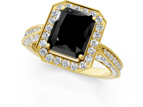 Yellow gold Fancy Black Radiant Cut Halo Diamond Engagement Ring with Split Shank Band and Four-Prong Setting_1