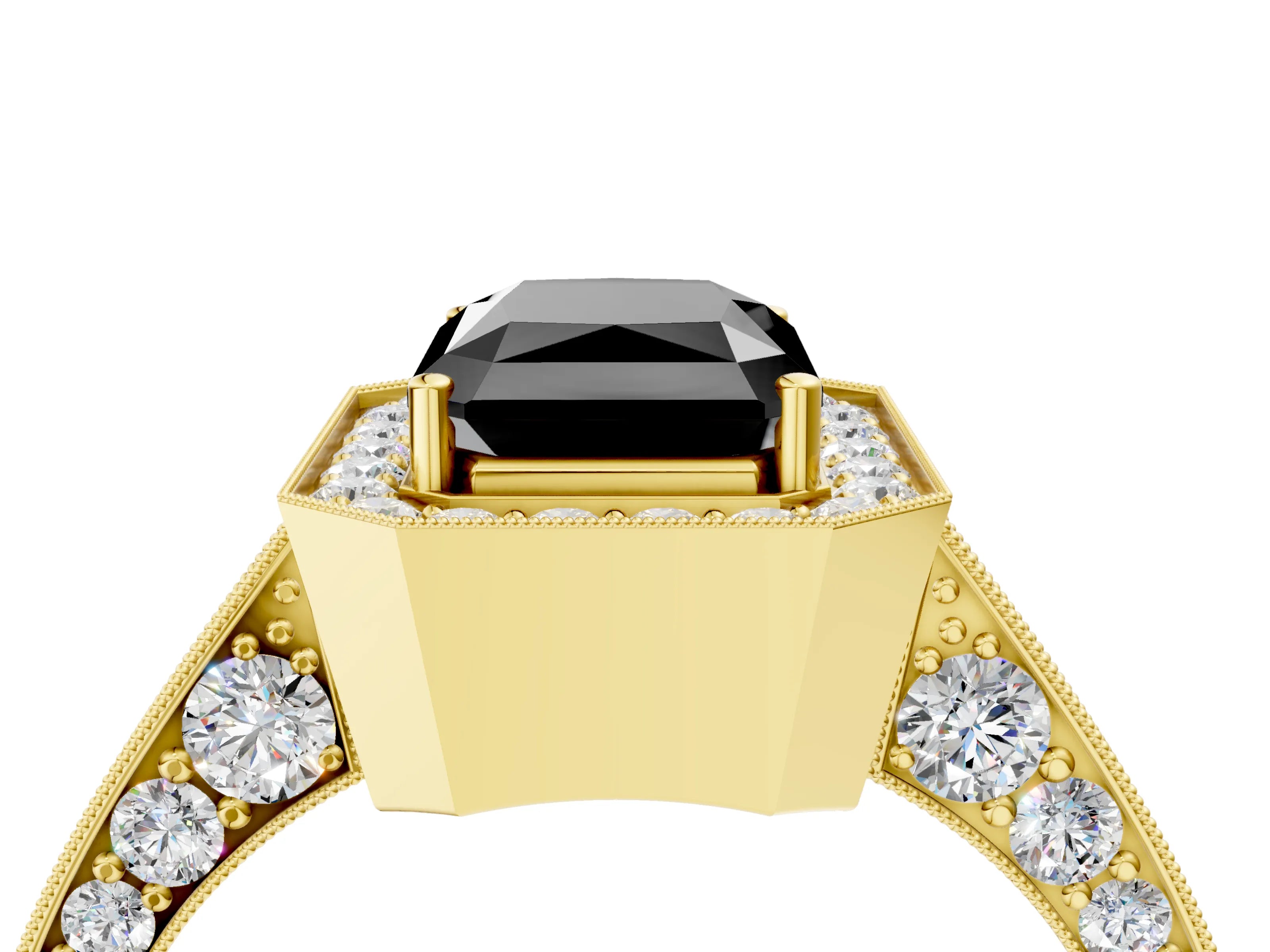 Yellow gold Fancy Black Radiant Cut Halo Diamond Engagement Ring with Split Shank Band and Four-Prong Setting_4