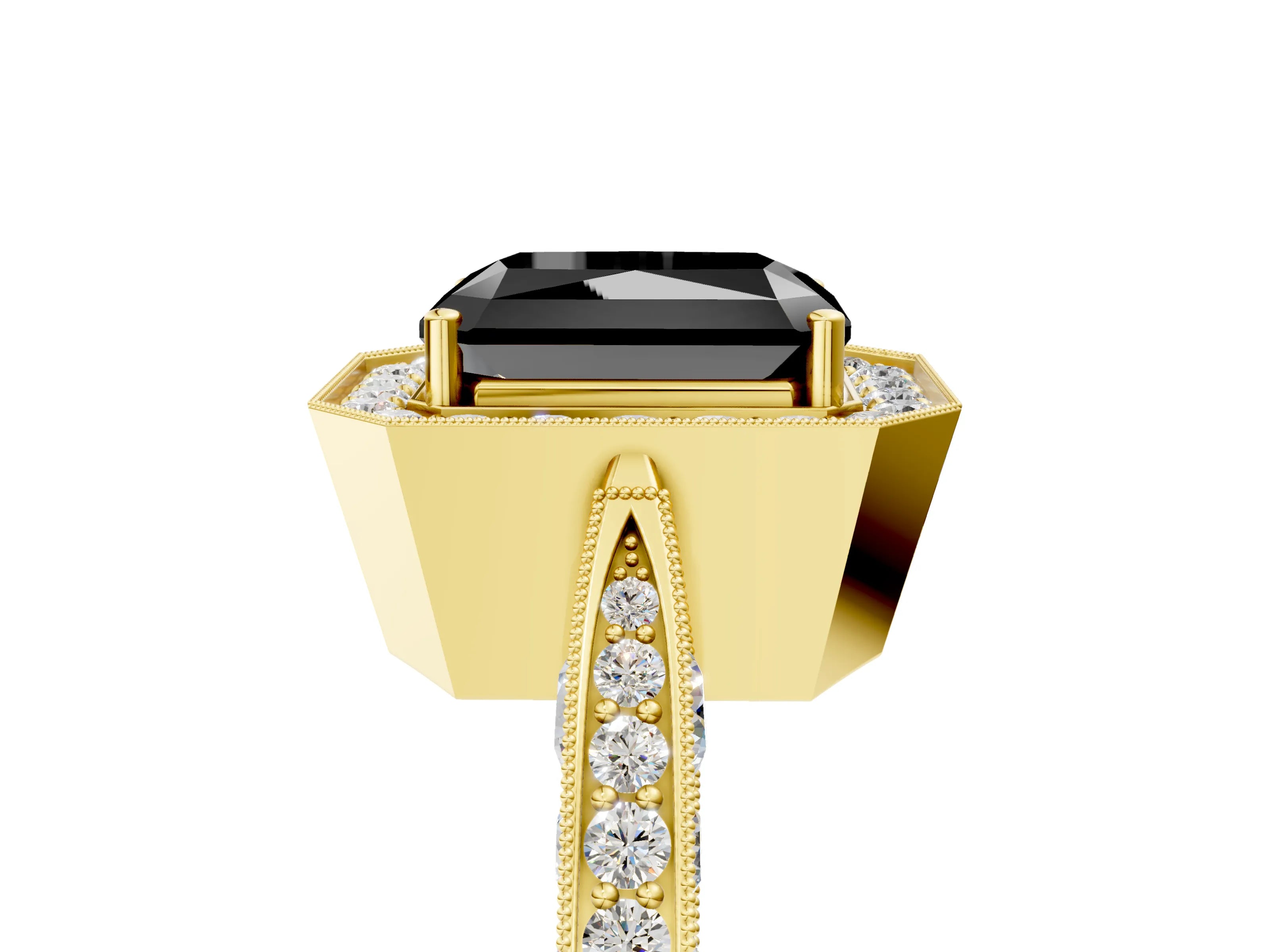 Yellow gold Fancy Black Radiant Cut Halo Diamond Engagement Ring with Split Shank Band and Four-Prong Setting_5