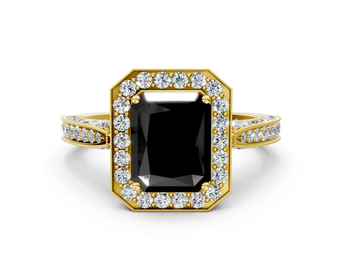 Yellow gold Fancy Black Radiant Cut Halo Diamond Engagement Ring with Split Shank Band and Four-Prong Setting