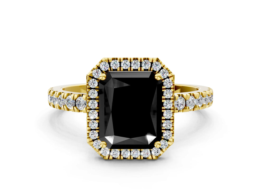 Yellow gold Fancy Black Radiant Cut Halo Diamond Pave Band with Prong Setting