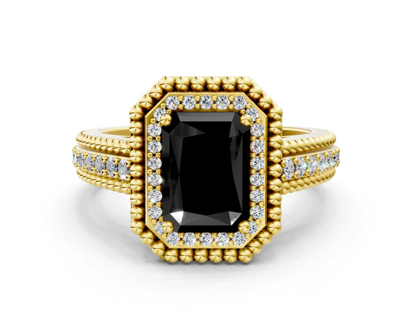 Yellow Gold Radiant Cut Beaded Halo Engagement Ring Setting for Black Center with Pave
