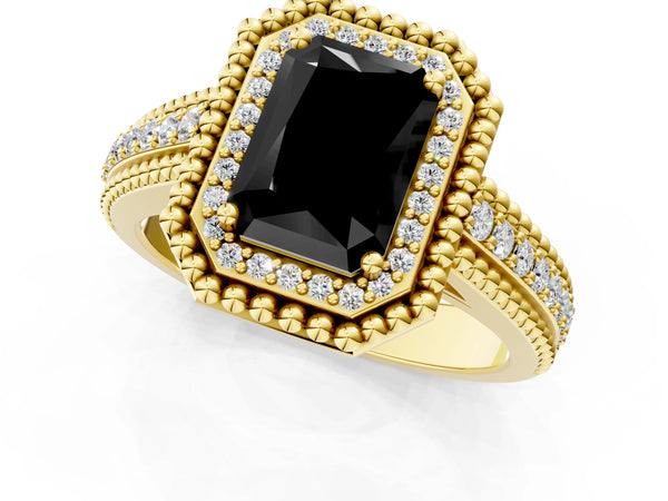 Yellow Gold Radiant Cut Beaded Halo Engagement Ring Setting for Black Center with Pave