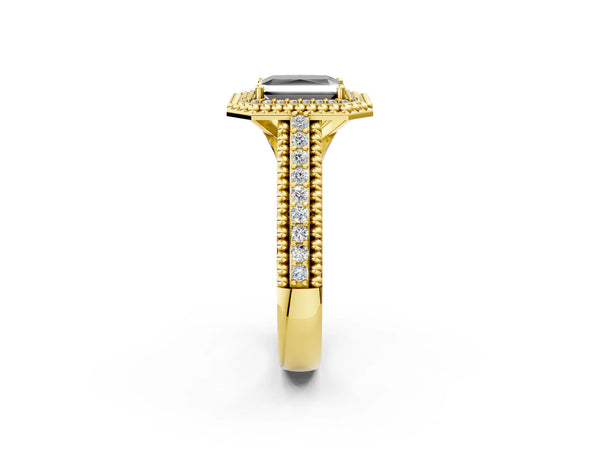 Yellow Gold Radiant Cut Beaded Halo Engagement Ring Setting for Black Center with Pave