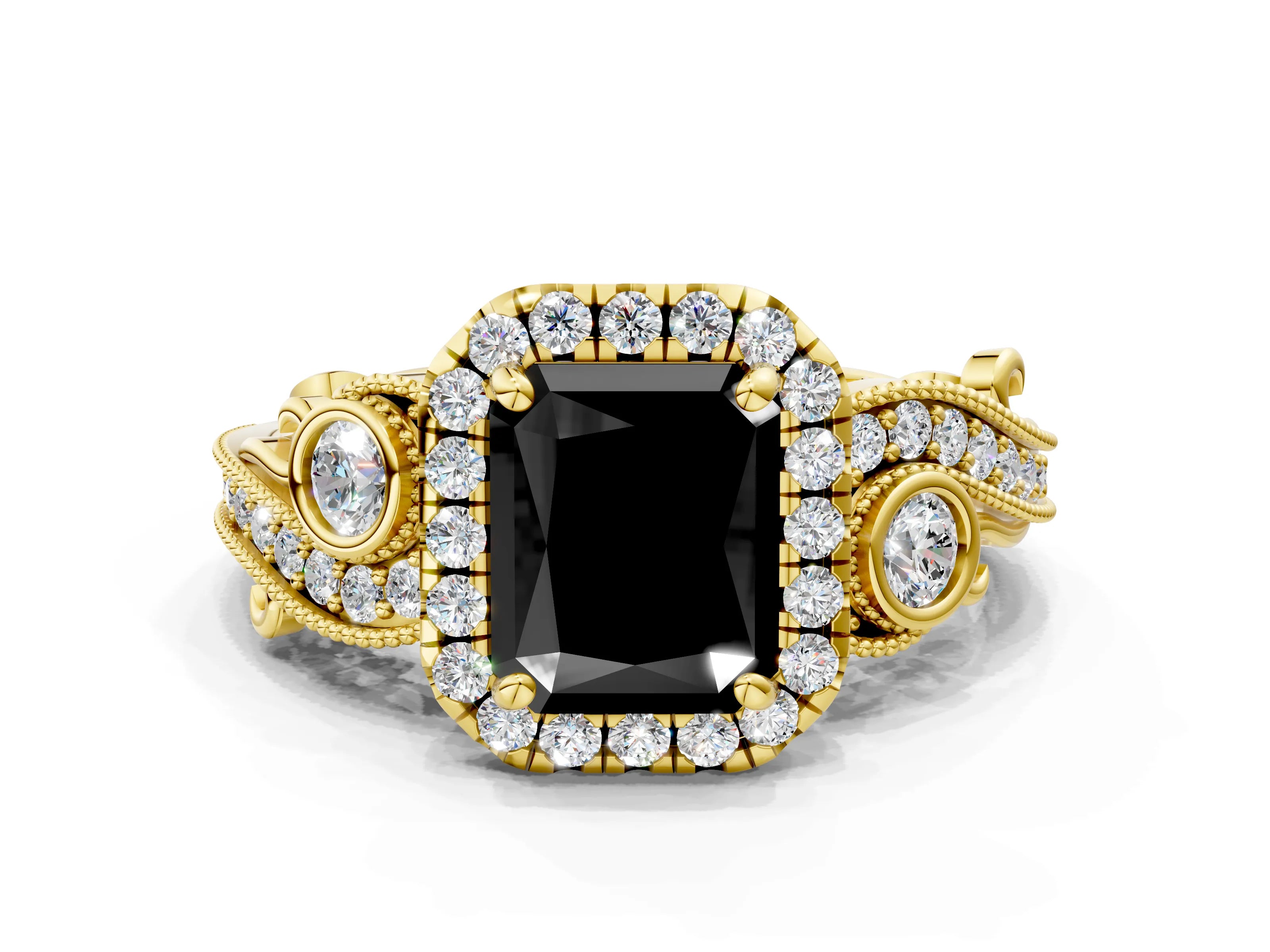 Yellow gold Fancy Black Radiant Cut Halo Diamond Ring with Milgrain and Bezel Accents on a Split Shank Band