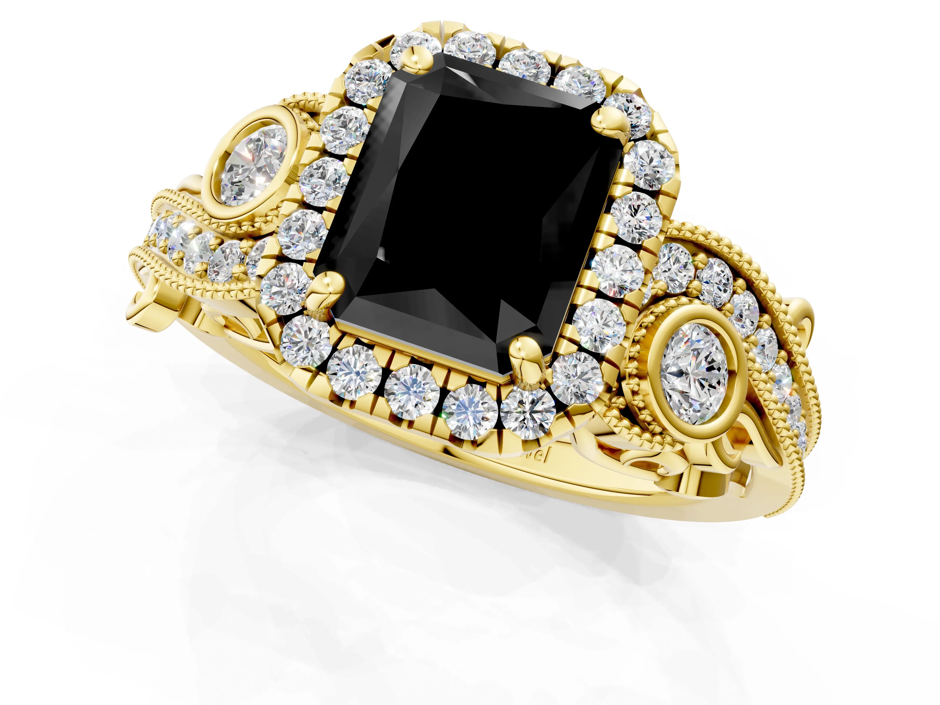 Yellow gold Fancy Black Radiant Cut Halo Diamond Ring with Milgrain and Bezel Accents on a Split Shank Band_1