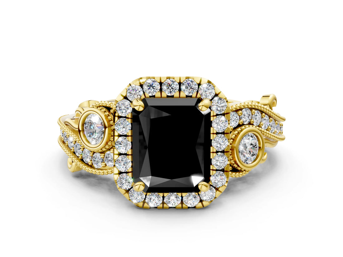 Yellow gold Fancy Black Radiant Cut Halo Diamond Ring with Milgrain and Bezel Accents on a Split Shank Band_12