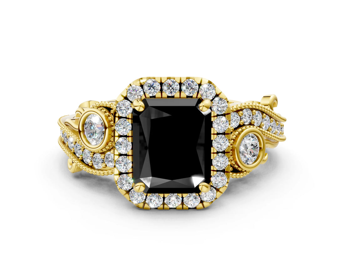 Yellow gold Fancy Black Radiant Cut Halo Diamond Ring with Milgrain and Bezel Accents on a Split Shank Band_12