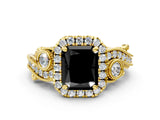 Yellow gold Fancy Black Radiant Cut Halo Diamond Ring with Milgrain and Bezel Accents on a Split Shank Band_12