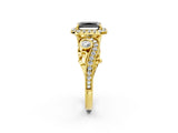 Yellow gold Fancy Black Radiant Cut Halo Diamond Ring with Milgrain and Bezel Accents on a Split Shank Band_14