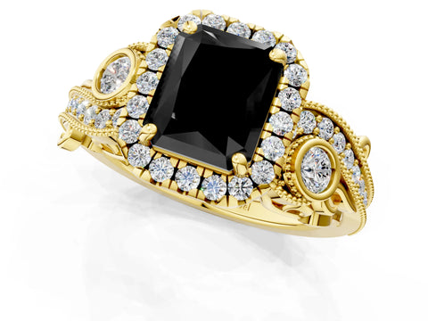 Yellow gold Fancy Black Radiant Cut Halo Diamond Ring with Milgrain and Bezel Accents on a Split Shank Band_1