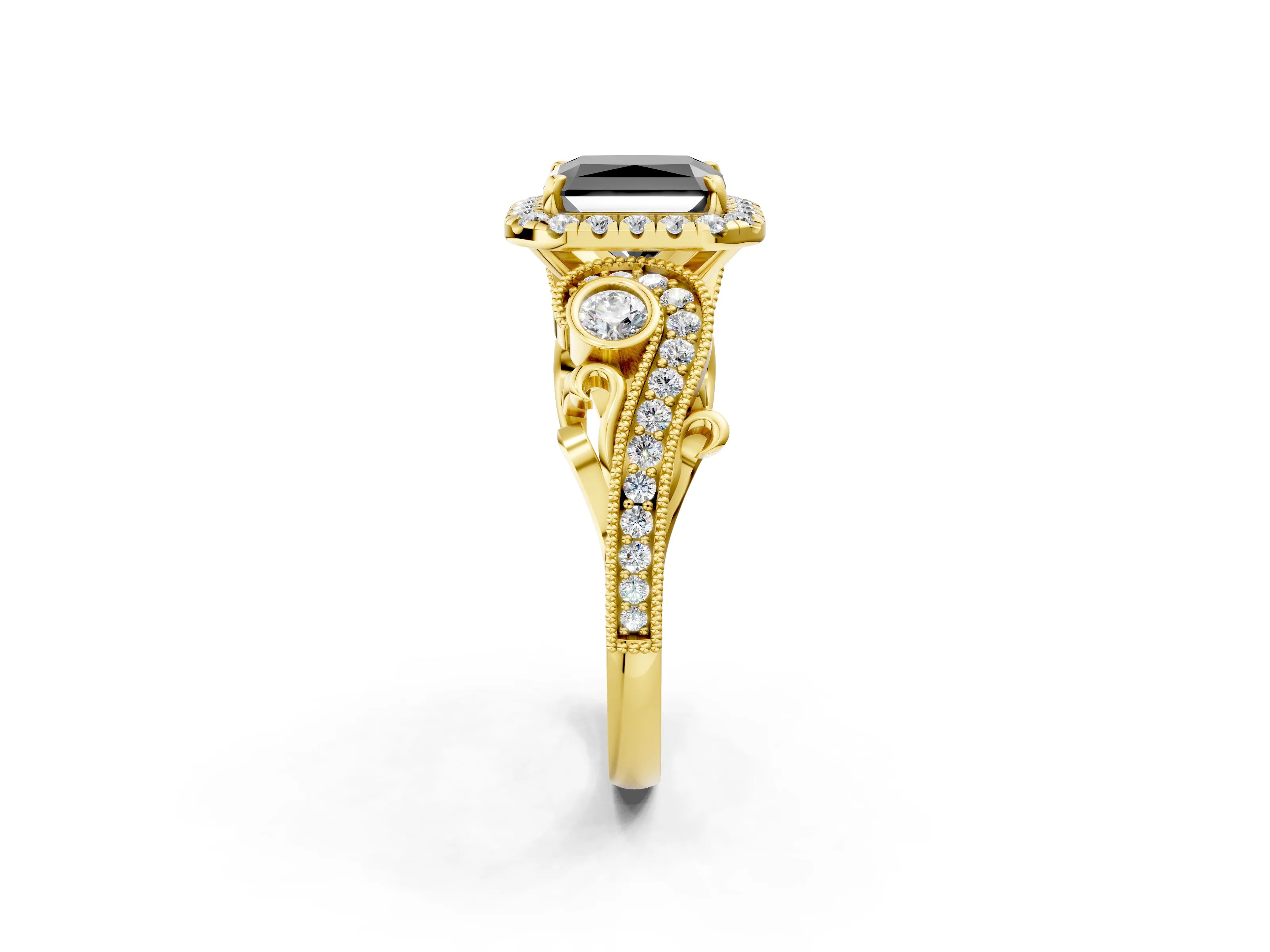 Yellow gold Fancy Black Radiant Cut Halo Diamond Ring with Milgrain and Bezel Accents on a Split Shank Band_2