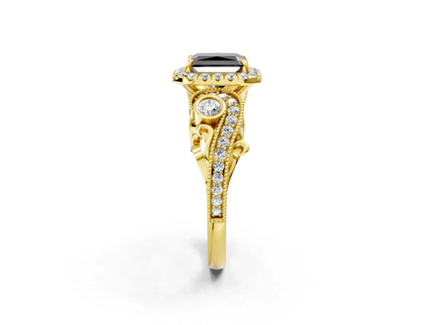 Yellow gold Fancy Black Radiant Cut Halo Diamond Ring with Milgrain and Bezel Accents on a Split Shank Band_2