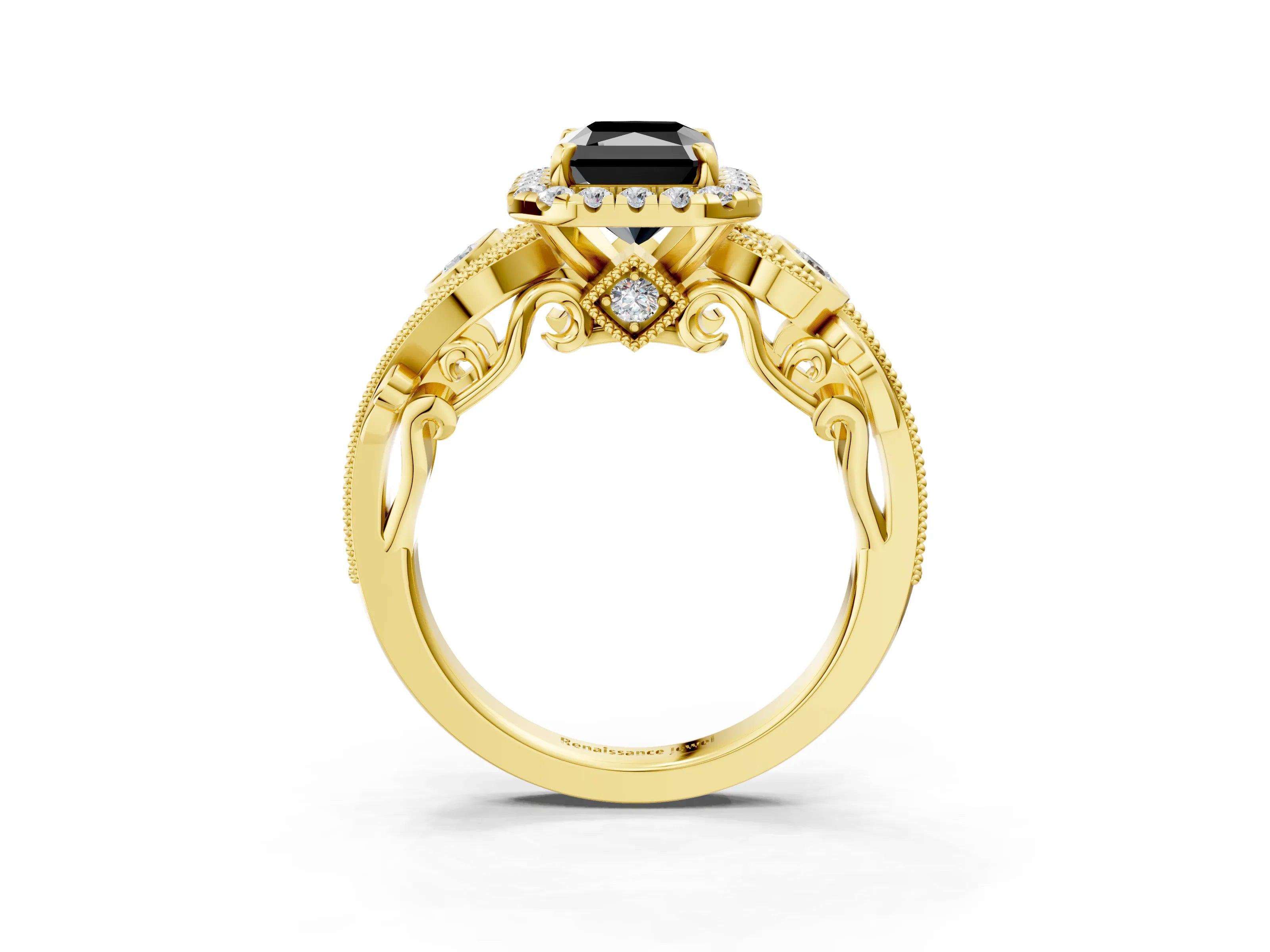Yellow gold Fancy Black Radiant Cut Halo Diamond Ring with Milgrain and Bezel Accents on a Split Shank Band_3