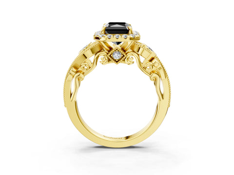 Yellow gold Fancy Black Radiant Cut Halo Diamond Ring with Milgrain and Bezel Accents on a Split Shank Band_3