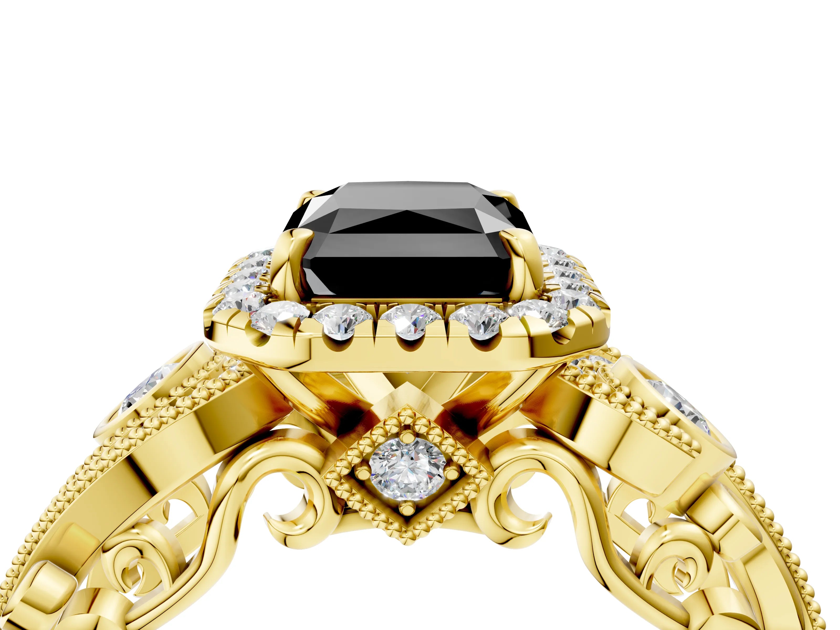 Yellow gold Fancy Black Radiant Cut Halo Diamond Ring with Milgrain and Bezel Accents on a Split Shank Band_4
