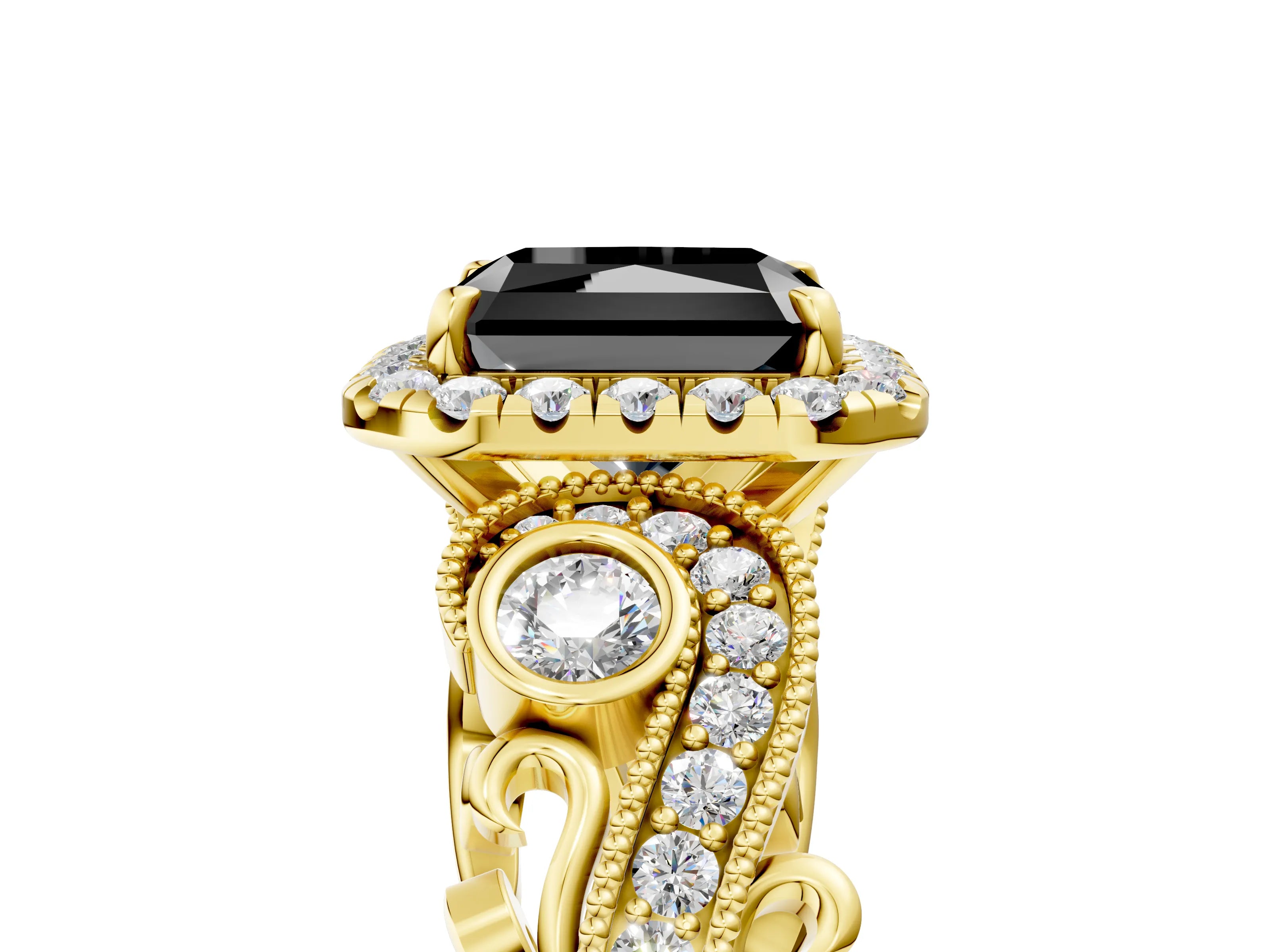 Yellow gold Fancy Black Radiant Cut Halo Diamond Ring with Milgrain and Bezel Accents on a Split Shank Band_5