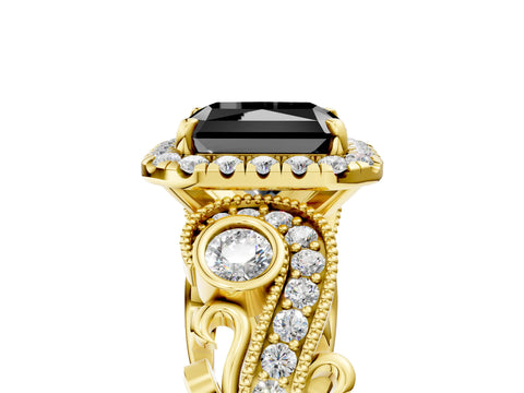 Yellow gold Fancy Black Radiant Cut Halo Diamond Ring with Milgrain and Bezel Accents on a Split Shank Band_5