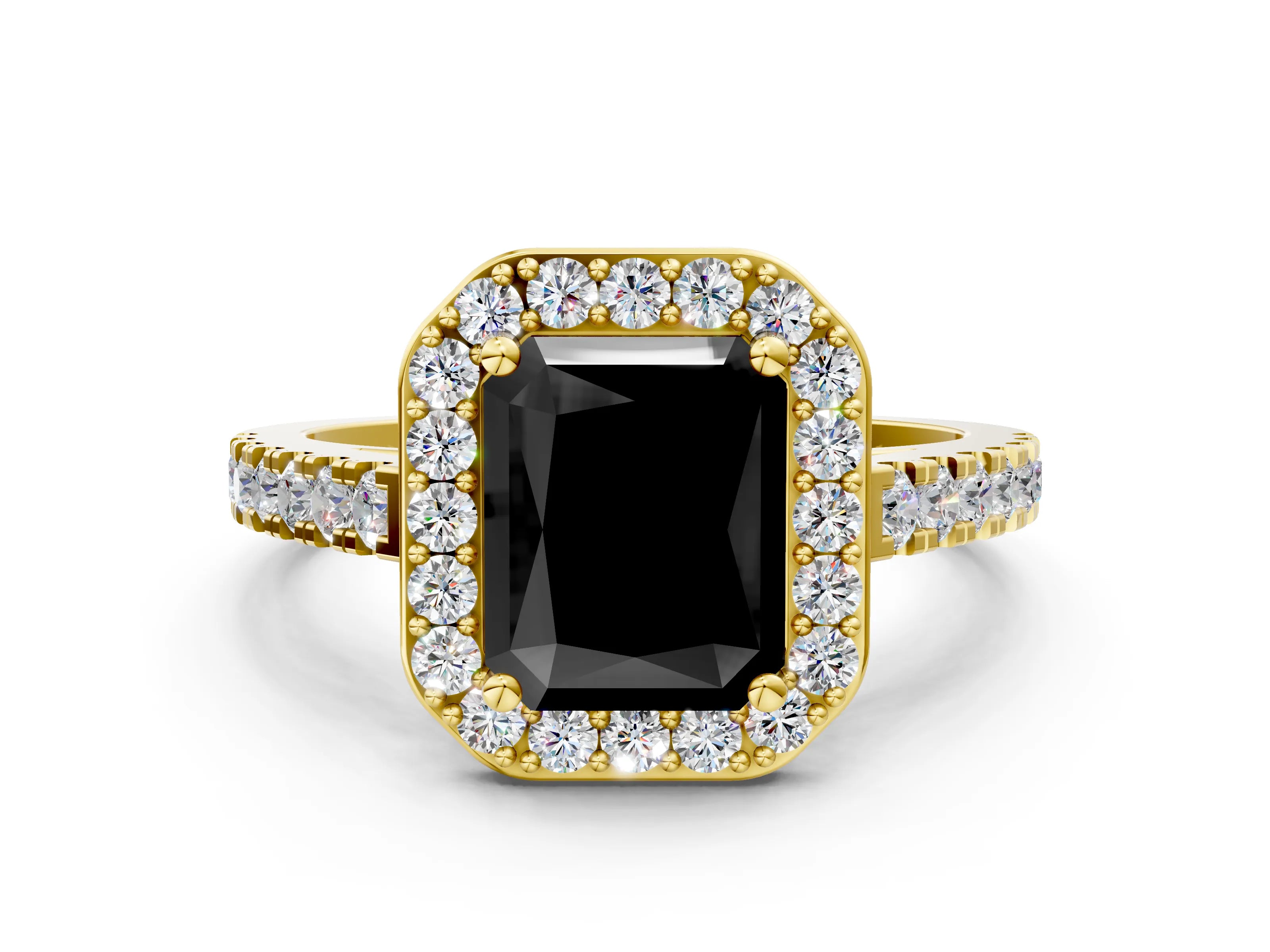 Yellow gold Fancy Black Radiant Cut Halo Diamond Ring with Pavé Band and Three-Prong Setting