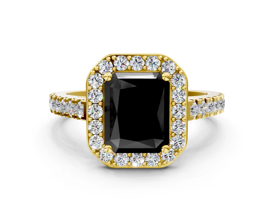Yellow gold Fancy Black Radiant Cut Halo Diamond Ring with Pavé Band and Three-Prong Setting